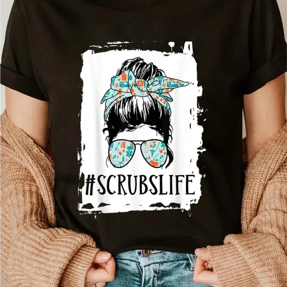 Black Graphic Tee with #Scrubslife Design with messy bun  design and sunglasses